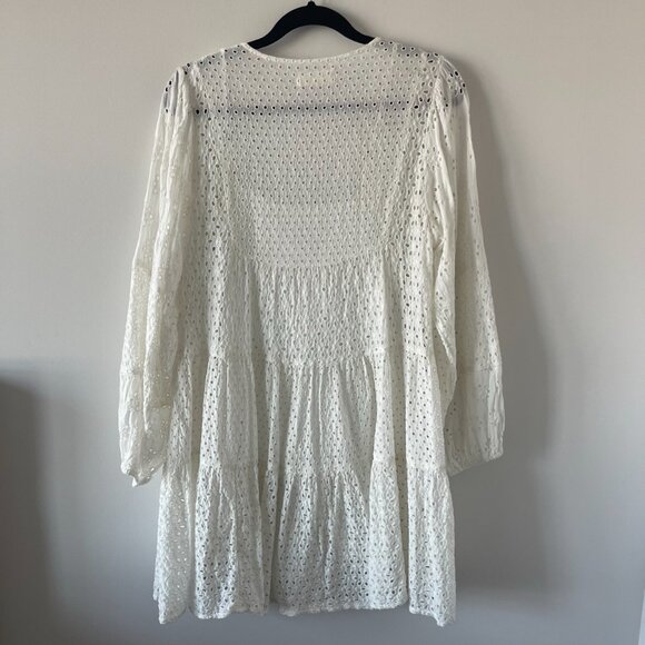 White Tiered Woven Peasant Long-Sleeve Dress - Picture 8 of 11